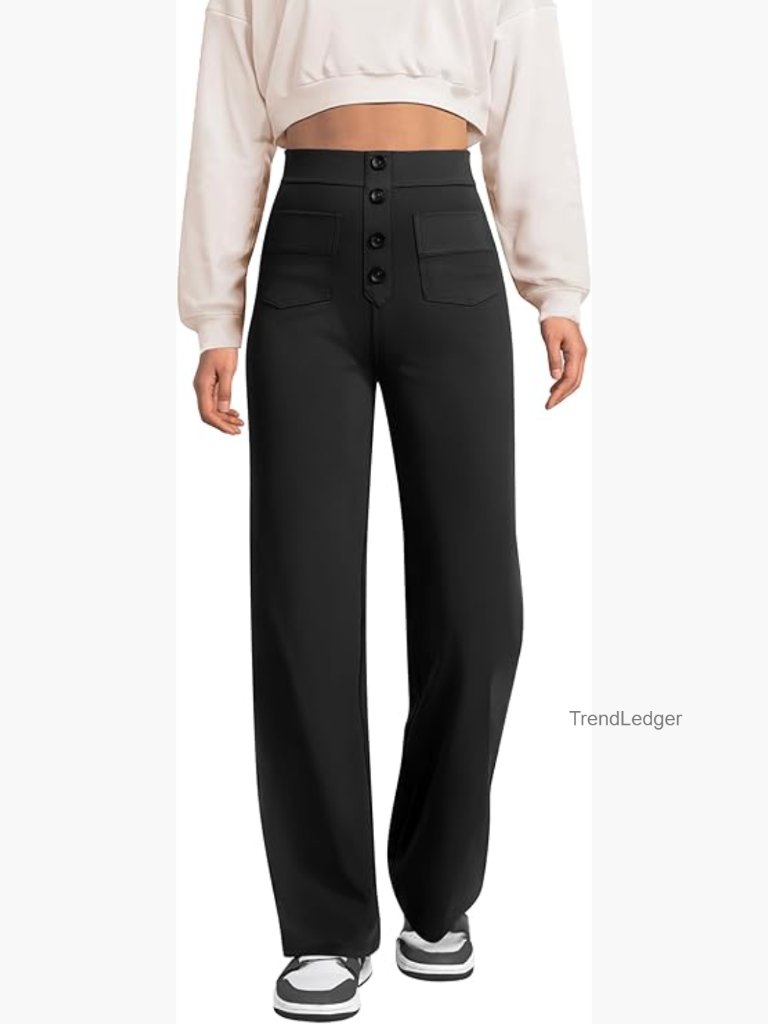 High Waisted Straight Leg Wide Leg Pants With Pockets Stretchy Business Casual